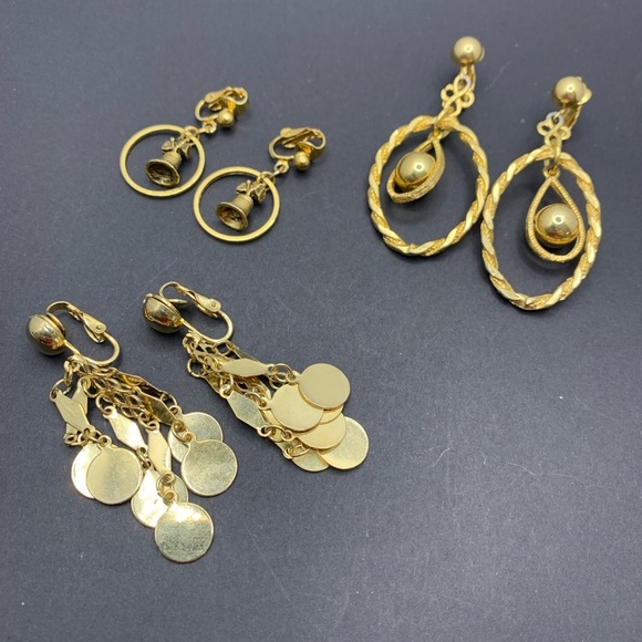 Lot of Three Vintage Gold Tone Dangle Clip On Earrings Liberty Bell - Picture 1 of 3